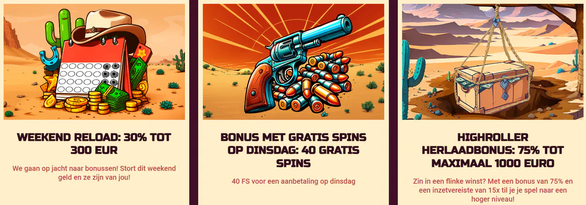 Wild Wild Casino promoties met weekend reloadbonus van 30% tot €300, 40 gratis spins op dinsdag en highrollerbonus van 75% tot €1.000
