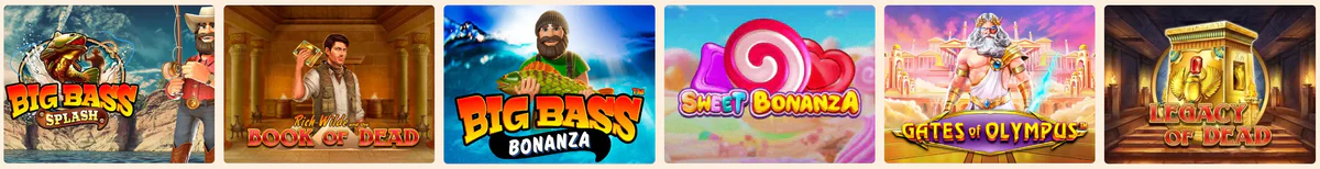 Wild Wild Casino selectie van populaire gokkasten, waaronder Big Bass Splash, Book of Dead, Big Bass Bonanza, Sweet Bonanza, Gates of Olympus en Legacy of Dead
